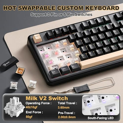 YUNZII B98 PRO QMK/VIA Wireless Mechanical Gaming Keyboard,96% Layout with Numpad and Cute Cat Knob, BT/2.4G/USB-C,Linear Switch Hot Swap Gasket,RGB for Win/Mac (Black, Milk V2 Linear Switch) - color: Black, size: Milk V2 Linear Switch