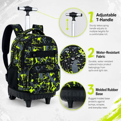 3Pcs Rolling Backpack for Boys, Men Roller Bag with Wheels for Adults, 19 Inche Graffiti Wheeled Bookbag with Lunch Box(Green) - color: Graffiti Green
