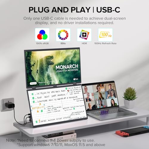 UPERFECT Delta 18.5" 100Hz Touchscreen Dual Portable Monitor, Laptop Screen Extender Stacked Triple Folding Monitor with Stand & VESA for Laptop PC Phone Game Console (No Driver Needed) - size: 18.5