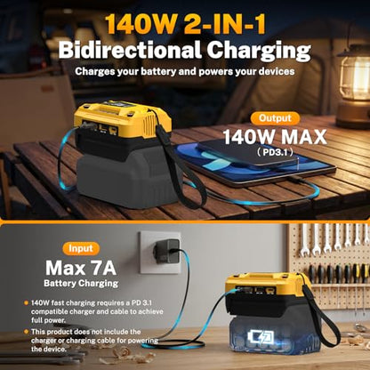 140W USB Battery Charger Adapter Compatible with DeWalt 20V Battery | PD 3.1 Fast Charging with Dual USB-C, 18W USB-A, Portable Phone Charger with 700LM LED Work Light and LED Screen Display - color: Yellow