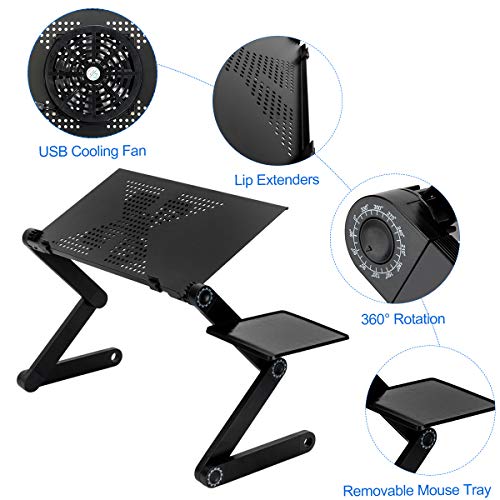 Upgraded Adjustable Aluminum Laptop Desk, with Cooling Fan, Mouse Pad, Notebook, MacBook Laptops Table Stand for Home Office, Ergonomic Lap Desk TV Bed Standing Desk