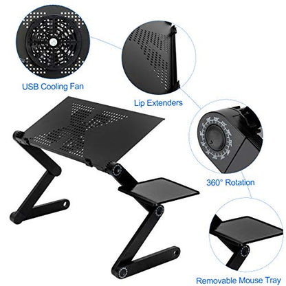 Upgraded Adjustable Aluminum Laptop Desk, with Cooling Fan, Mouse Pad, Notebook, MacBook Laptops Table Stand for Home Office, Ergonomic Lap Desk TV Bed Standing Desk