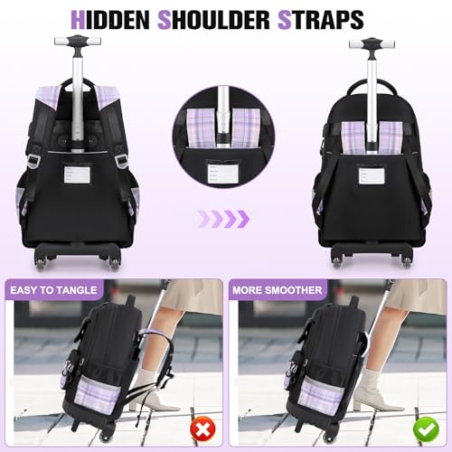 ACESAK Rolling Backpack for Girls - Roller Wheels School bag with Lunch Bag & Pencil Pouch for Teen Girls Kids Wheeled Suitcase Backpacks, Elementary Middle School Travel Daypack (Black Purple) - color: Black