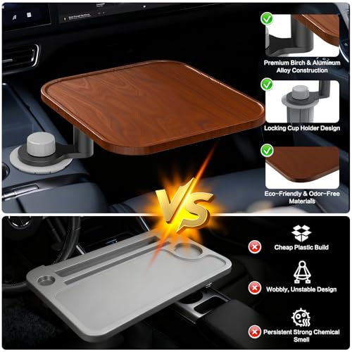 360° Rotation Car Desk for Laptop, Height-Adjustable Cup Holder Table, Wooden Car Food Tray & Laptop Mount Compatible with Tesla Model Y/3/S, Ford F150/Explorer/Maverick & Most Vehicles (Warm Walnut)