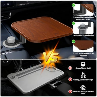 360° Rotation Car Desk for Laptop, Height-Adjustable Cup Holder Table, Wooden Car Food Tray & Laptop Mount Compatible with Tesla Model Y/3/S, Ford F150/Explorer/Maverick & Most Vehicles (Warm Walnut)