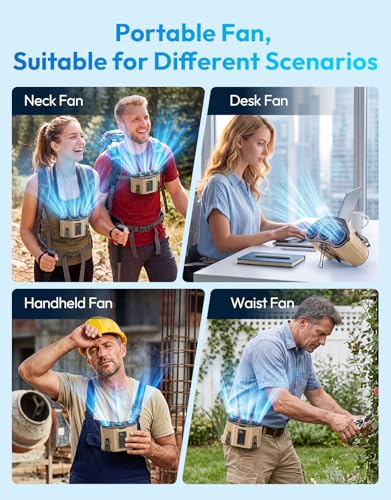 Portable Waist Fan with 3 Turbo Fans, 12000mAh Rechargeable Wearable Belt Fan, Shirt Fan Strong Airflow Fast Cooling, Hands Free Clip Fan for Outdoor Jobsite Construction Farm, Khaki - color: Brown