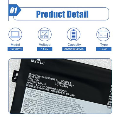 99Wh L17C6P51 Laptop Battery Replacement for Lenovo Thinkpad P72 P73 P72-20MB P72-20MC P73-20QR Series L17M6P52 01AV498 SB10K97637 11.4V 8684mAh - size: 10.75*3.85*0.32 inch L17C6P51