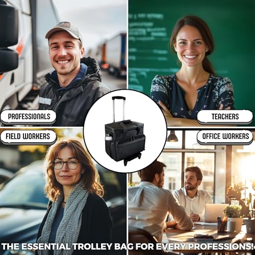 Rolling Teacher Tote Bag with wheels and Laptop Compartment, Wheeled Teacher Bag for Teaching, Detachable Trolley, Office, Craft, Black