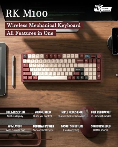 RK ROYAL KLUDGE M100 Wireless Mechanical Keyboard w/Screen & Dual Knobs, Tri-Mode Gasket Mount Gaming Keyboard with Number Pad, Hot Swappable Cream Switch, Red - color: Red