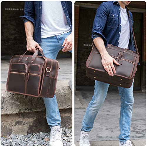 Men's Full Grain Leather Briefcase Large 17 Inch Business Travel Laptop Messenger Bag Tote with YKK Metal Zippers - color: Dark Brown