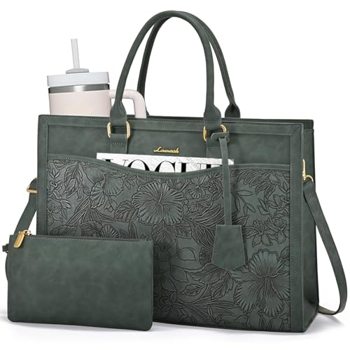 LOVEVOOK Laptop Tote Bag for Women, Large Work Computer Bag with Cup Holder | PU Leather Business Briefcase Teacher Travel College Bag Handbag fit for 15.6 inch Laptop, Office Purses Gifts for Women,2pcs - color: Retro Embossed Green, size: 15.6 Inch