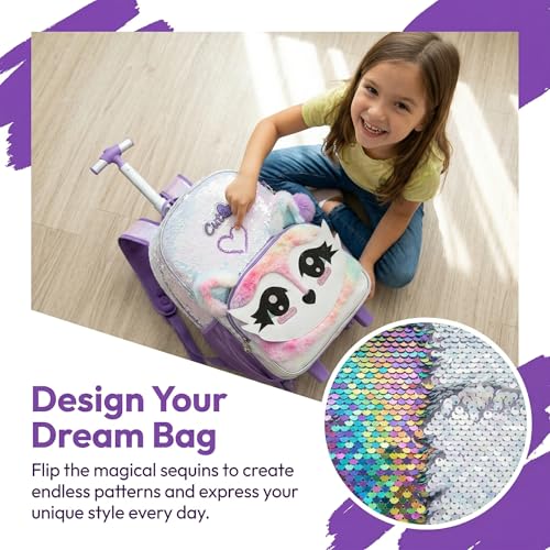 3PCS Kids Fluffy Cat Rolling Backpack for Girls, White Sequins | Trolley Suitcases Luggage Travel with Wheels, Roller Backpacks Set Toddler Back Pack School Bags Elementary Bookbag Wheeled - color: White-0121-huli