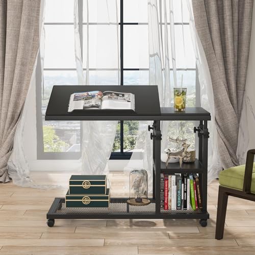 Tribesigns Height Adjustable C Table with Wheels, Mobile Couch Snack Side Table with Tiltable Drawing Board, Sofa Bedside Laptop Stand C Shaped TV Tray with Storage Shelves (Black) - color: Black