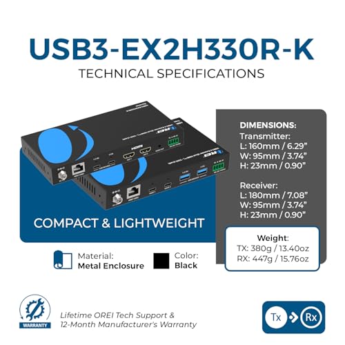 OREI USB Cat6 Extender, 2X Dual USB-C RS-232 Two-Way PoC Audio De-embedding | USB Extender Over Ethernet, USB Extender Over CAT5 – 5Gbps, Dual HDMI 4K60, Auto/Manual Host Switching, 3.5mm Audio - size: Upto 330 ft
