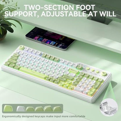 Aula F3099 Wireless Keyboard with Media Knob, Tri-Mode BT5.0/2.4GHz/USB-C Cute Creamy Keyboard with Number Pad, RGB Backlit Gaming Keyboard, Quiet Typing Green Computer Keyboards for Office Laptop/PC - color: White & Green