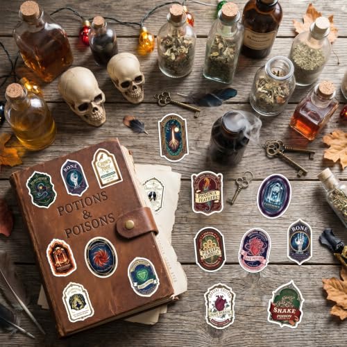 100 Pcs Halloween Potion Labels Stickers Witch Potion Stickers | Ghost Skull Potion Wine Bottle Stickers, Retro Vintage Design, Waterproof, Vinyl Decals for Scrapbook Luggage Laptop Journal - style: Potion