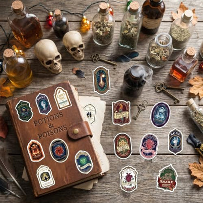 100 Pcs Halloween Potion Labels Stickers Witch Potion Stickers | Ghost Skull Potion Wine Bottle Stickers, Retro Vintage Design, Waterproof, Vinyl Decals for Scrapbook Luggage Laptop Journal - style: Potion
