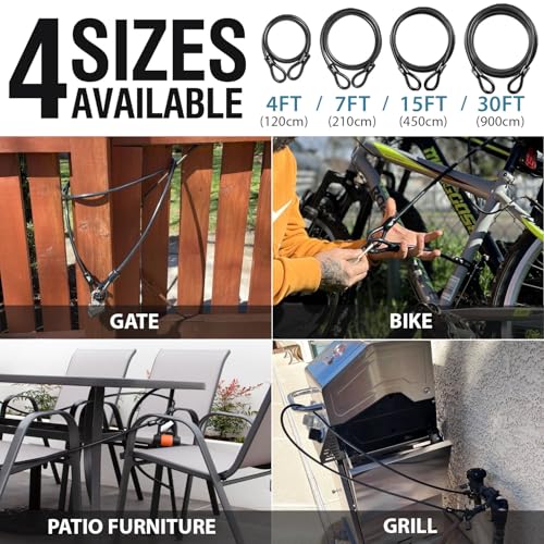 Security Steel Cable - 3/8 inch (10 mm) Thick (4', 7', 15', 20' or 30') Vinyl Coated Braided Steel Cable with Double Sealed Looped Ends for U-Lock, Padlock, Disc Lock (15 FT) - color: 15 FT