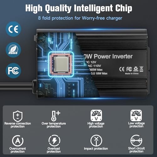 400W Power Inverter 12V DC to 110V AC, Car Charger Plug in Adapter Outlet with PD 65W USB-C&QC 18W Port, Portable Power Converters for Laptop Vehicles Camping Road Trip Essentials Adults-Black - color: black