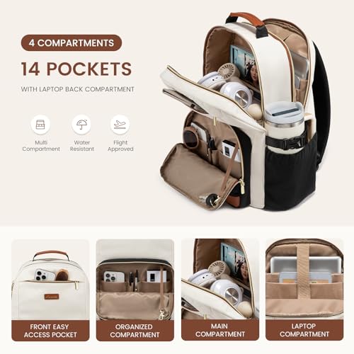 LOVEVOOK Laptop Backpack for Women with Pouch Pocket for Large Capacity Cup,15.6 Inch Laptop Computer Bag Travel Backpack Purse,Work Business Backpack College Teacher Bags,Beige-Black-Brown + V-shaped - color: Beige - Black - Chestnut Brown + V-shaped, si