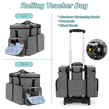 Rolling Teacher Tote Bag with 2 Detachable Pouches for Work, Gray | Wheeled Teacher Uility Bag with 15.6" Padded Laptop Sleeve, Large Briefcase with Detachable Trolley for Women - color: Gray