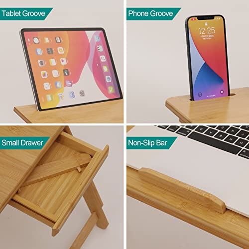Lap Desk COIWAI Laptop Table Bamboo Writing Eating Bed Tray Adjustable Angle Height Foldable Desk Tray with Tablet Slot Drawer Breakfast Coffee Tea Table for Sofa Couch Floor Large Size - size: 28.8" *13.4" Height&Angle adjust