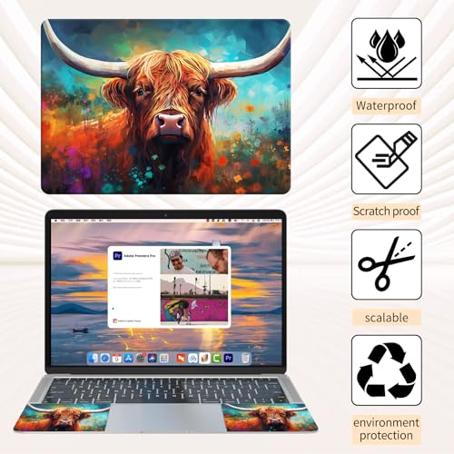 Laptop Skin Sticker 3-Piece Set,Highland Cow and Flowers | Trim-to-fit 3-piece vinyl set with one 15 x 10.6 in lid skin and two palm-rest decals for many 12-15.6 in laptops - color: Highland Cow And Flowers
