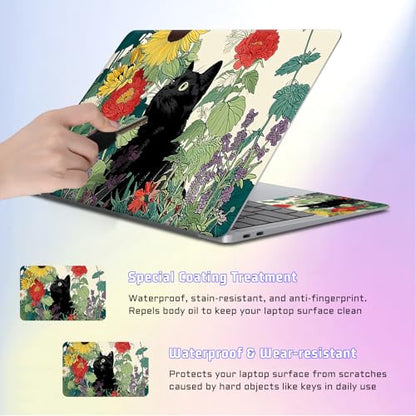 Universal Laptop Skin Sticker Decal, Compatible with MacBook HP Dell Lenovo 12"-15.6", Reusable Vinyl Notebook Cover 3PCS Set, High-Recognition Film-Black Cat in Sunflower Garden - color: Black Cat in Sunflower Garden