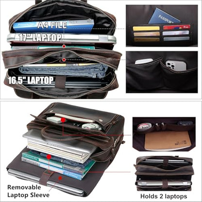 Masa Kawa Leather Briefcase for Men 15.6", 17" Laptop Computer Case Business Travel Work Messenger Cross Body Shoulder Bag - color: Brown-fits 17" Laptop