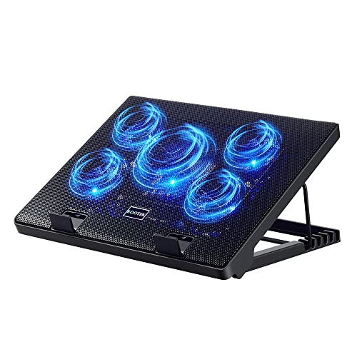 Kootek Laptop Cooling Pad Cooler Stand with 5 Quiet Fans for 12"-17" Laptop | 5 Fans, USB Powered, Laptop Cooling Stand with 2 USB Hub, 6 Adjustable Height, 360° Cooling Coverage, Anti-Slip, Blue LED - color: Blue