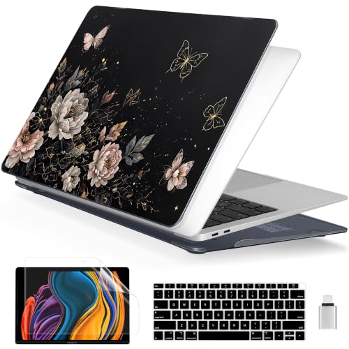 Batianda LumiArt Case for MacBook Air 13" M1 Chip, Black Gold Butterfly | Fits Model A2337/A2179/A1932, 2018-2020; 1.2mm Slim Lightweight Hard Shell Cover, Scratch Resistant,4-in-1 Accessories Bundle - color: Black Gold Butterfly