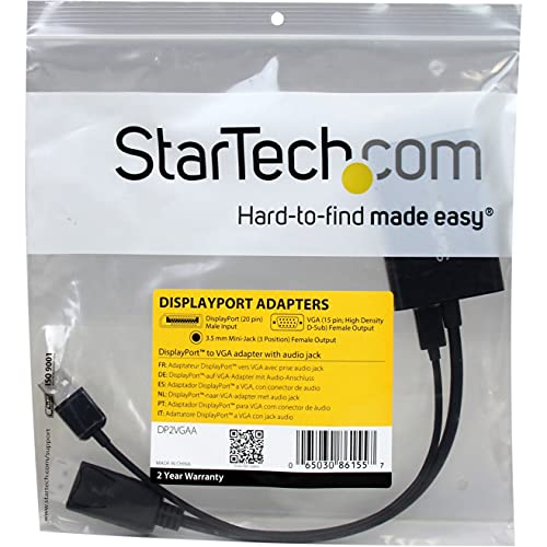 StarTech DisplayPort to VGA Adapter with Audio, 1080p, Dongle (DP2VGAA) | 1920 x 1200, DP to VGA Converter, Audio Output, Compact, Lightweight, High-Definition Video, Portable