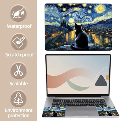 Universal Laptop Skin Sticker for 12/13/14/15.6 Inch Laptops, Reusable Vinyl Laptop Decal Protective Cover, Waterproof Scratch Resistant Notebook Skin with 2 Wrist Pads,Starry Night Black Cat - color: Starry Night Black Cat