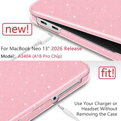 DONGKE Glitter Case for MacBook Neo 13 Inch 2026 (Model A3404 | A18 Pro Chip) | Clear Sparkly Hard Shell Cover with Screen Protector & Keyboard Cover & 2 USB-C Adapters - Bling Pink - color: Bling Pink