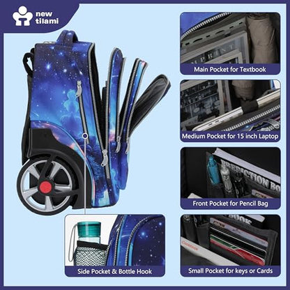 NEW TILAMI 20 Inch Rolling Backpack for School Stair-Climbing Big Wheel | Teen Boys Girls Carry-on Suitcase Large Organizer Compartment 15.6 Laptop Sleeve Adjustable Handle Roller Travel Bag College - color: Spacey Blue