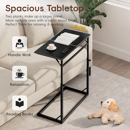 C Shaped End Table with Charging Station, C-Table End Table Adjustable Height Side Table for Couch, Large Couch Tables,Slide Under Sofa Tables TV Tray Arm Tables for Living Room,Bedroom,Black - color: Black, style: With Plug
