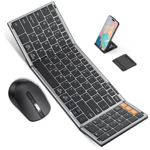 Foldable Keyboard and Mouse for 3 Devices, OMOTON Wireless Bluetooth Combo | USB-C Rechargeable, Ergonomic Mouse, Full-Size Folding with Numpad for Mac/Windows/iPhone/Tablet, Travel Portable, Space Grey