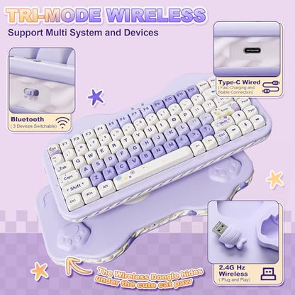 YUNZII C75 Cute 75% Wireless Mechanical Keyboard (Purple, Candy Switch) | Creamy Cake Keyboard, BT5.0/2.4G/USB-C, Hot-Swap, NKRO, PBT MOA Keycaps,5500mAh RGB Gasket Mount for Mac/Win/Gaming/Office - color: Purple, size: Candy Switch