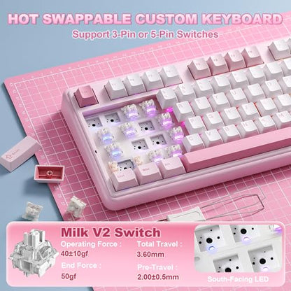 YUNZII B98 PRO QMK/VIA Wireless Mechanical Gaming Keyboard,96% Layout with Numpad and Cute Cat Knob, BT/2.4G/USB-C,Linear Switch Hot Swap Gasket,RGB for Win/Mac (Pink, Milk V2 Linear Switch) - color: Pink, size: Milk V2 Linear Switch