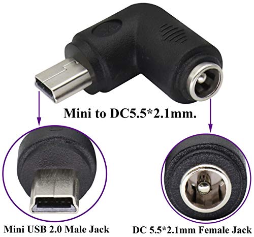 90° USB Right Angle Mini USB Male to DC 5.5x2.1mm Barrel Power Connector 5V Charger (2Pack) - color: Mini