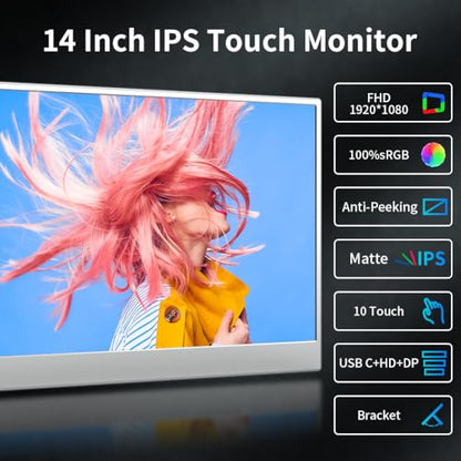 14 Inch Touchscreen Portable Monitor,FHD 1080p,100% sRGB Display,Built USB-C,HDMI,Mini DP,Folding Kickstand Extend Second Screen for Laptop/PC/Phone/Game Console - size: 14 Inch