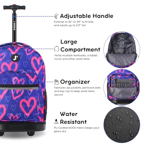J World Sunrise Kids Rolling Backpack with Wheels for Girls Boys, Roller Bookbag for School, 18 x 13 x 9 Inches, Heart Spray - color: Heart Spray