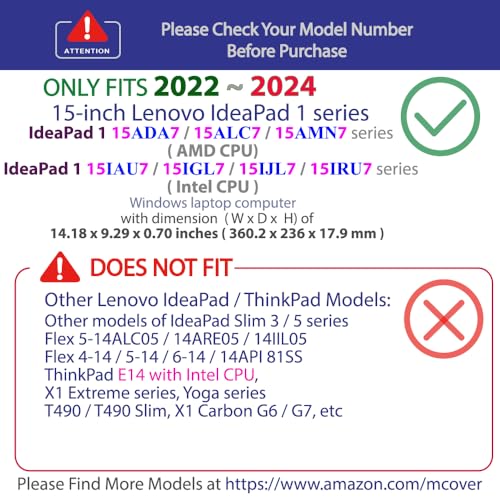 mCover Case Compatible ONLY for 2022-2024 15" Lenovo IdeaPad 1 Series (15ADA7 / 15AMN7 / 15ALC7 / 15IAU7 / 15IGL7 / 15IJL7 / 15IRU7) Windows Laptops (NOT Fitting Any Other Models)- Black - color: Black