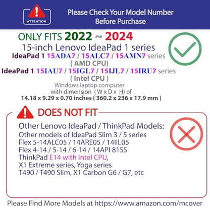 mCover Case Compatible ONLY for 2022-2024 15" Lenovo IdeaPad 1 Series (15ADA7 / 15AMN7 / 15ALC7 / 15IAU7 / 15IGL7 / 15IJL7 / 15IRU7) Windows Laptops (NOT Fitting Any Other Models)- Black - color: Black