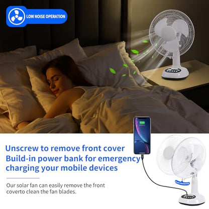 14400mAh Rechargeable Solar Powered Fan, AC DC Portable Camping PowerBank Fan ,12 Inch Oscillating Tabletop Fan with Led Night Light for Home Office Outdoor Camping Tent Traving