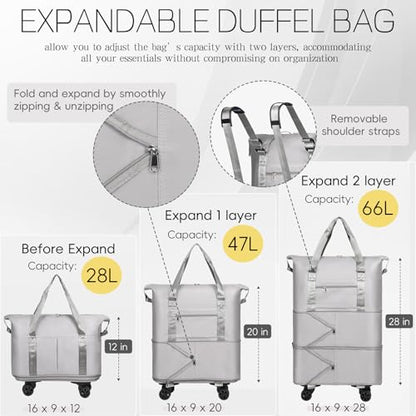 VOOWO Duffel Bag with Wheels - Rolling Foldable Expandable Duffle Bags with Wheel for Travel, Rolling Luggage Carry On Travel Bag, Large Wheeled Overnight Weekender Bag (Gray) - color: Gray