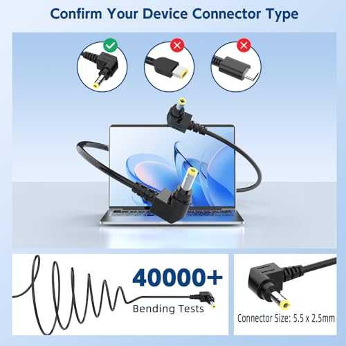 65W 19V Laptop Charger for Toshiba Satellite, 8.5FT Cord | ONLY fits Toshiba laptops needing 19V & 5.5mm round plug. 8.5FT long cord. Does NOT fit 19.5V or USB-C.
