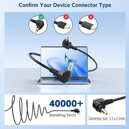 65W 19V Laptop Charger for Toshiba Satellite, 8.5FT Cord | ONLY fits Toshiba laptops needing 19V & 5.5mm round plug. 8.5FT long cord. Does NOT fit 19.5V or USB-C.