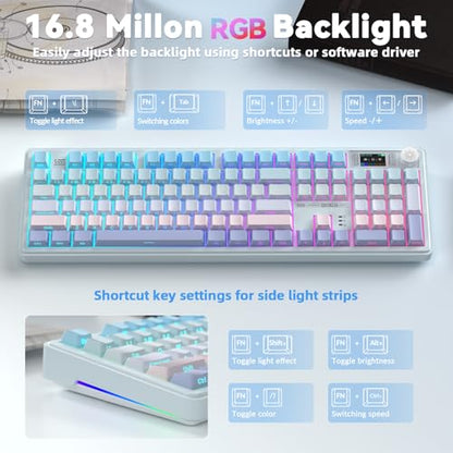 LINGBAO K108 Pro Wireless Mechanical Creamy Keyboard with Number Pad & Knob | Full Size Mechanical Keyboard with 10000mAh Battery, PBT Keycaps, Gasket Mount, RGB Backlit Hot-swap Custom Keyboard for PC - color: Blue & Pink & Purple(side print)