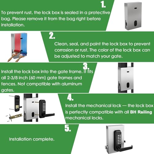 Steel Gate Lock Box (1 3/4" Thickness) - for All BH Railing Mechanical Code Lock, Lock Box for Metal Gates and Fence (NOT for Aluminum GATE), 2 3/8"(60mm) - 2 3/4" (70mm) Backset, BH-SLB4512000 - color: unfinished - Lock Box